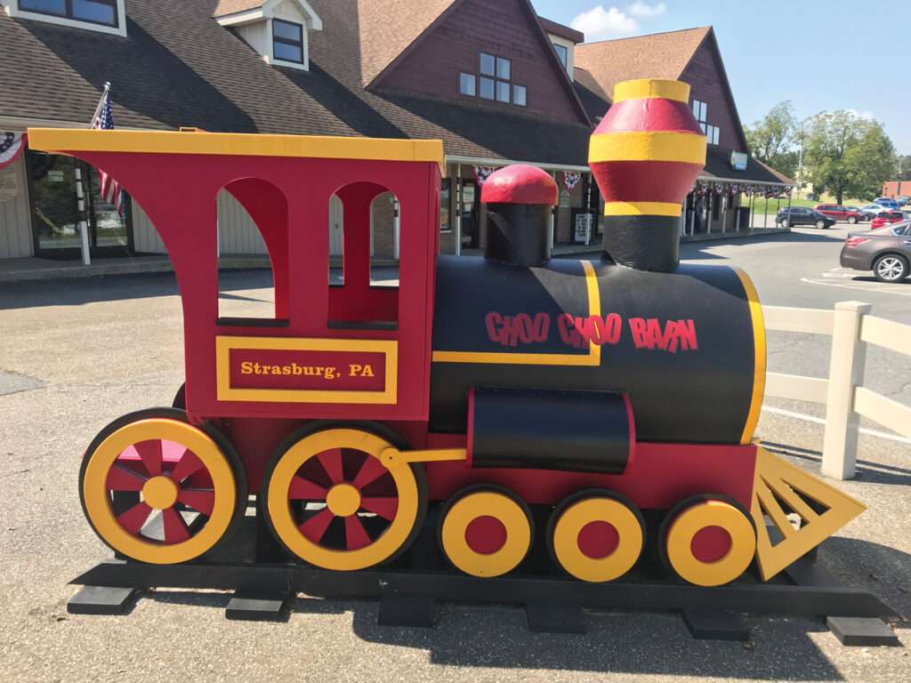 a toy train on a road